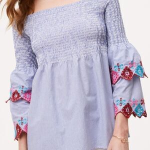 LOFT Fiesta top striped blouse embroidered boho small